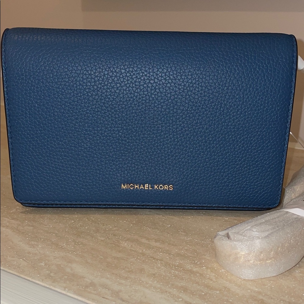 NWT- Michael Kors Blue Clutch - With Gold Chain